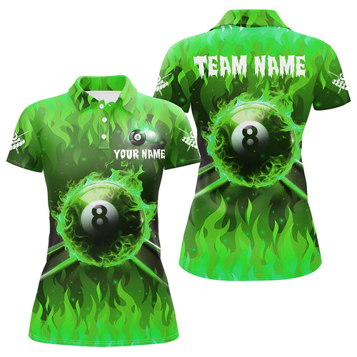 Personalized 3D 8 Ball Pool Fire Women Polo Shirts Custom Billiard Apparel Jerseys |Green TDM1435