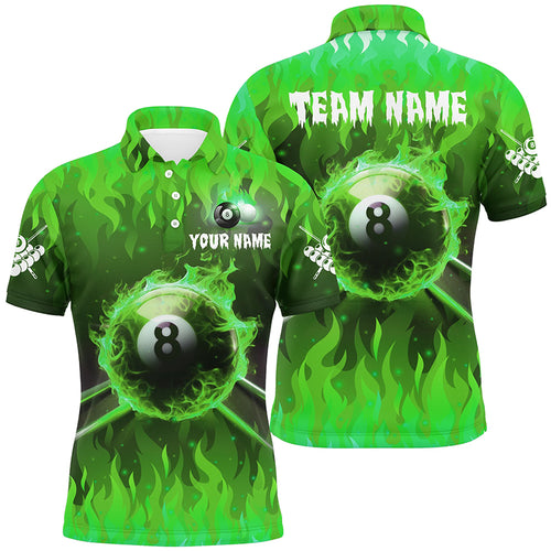 Personalized 3D 8 Ball Pool & Fire Men Polo Shirts Custom Billiard Apparel Jerseys |Green TDM1435