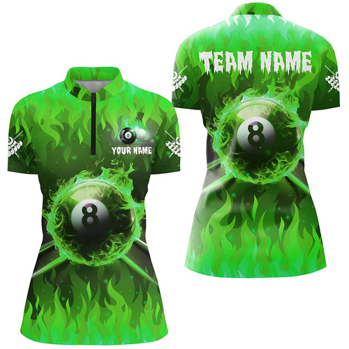 Personalized Green 3D 8 Ball Pool &  Fire Women Quarter-Zip Shirt Custom Billiard Apparel TDM1435