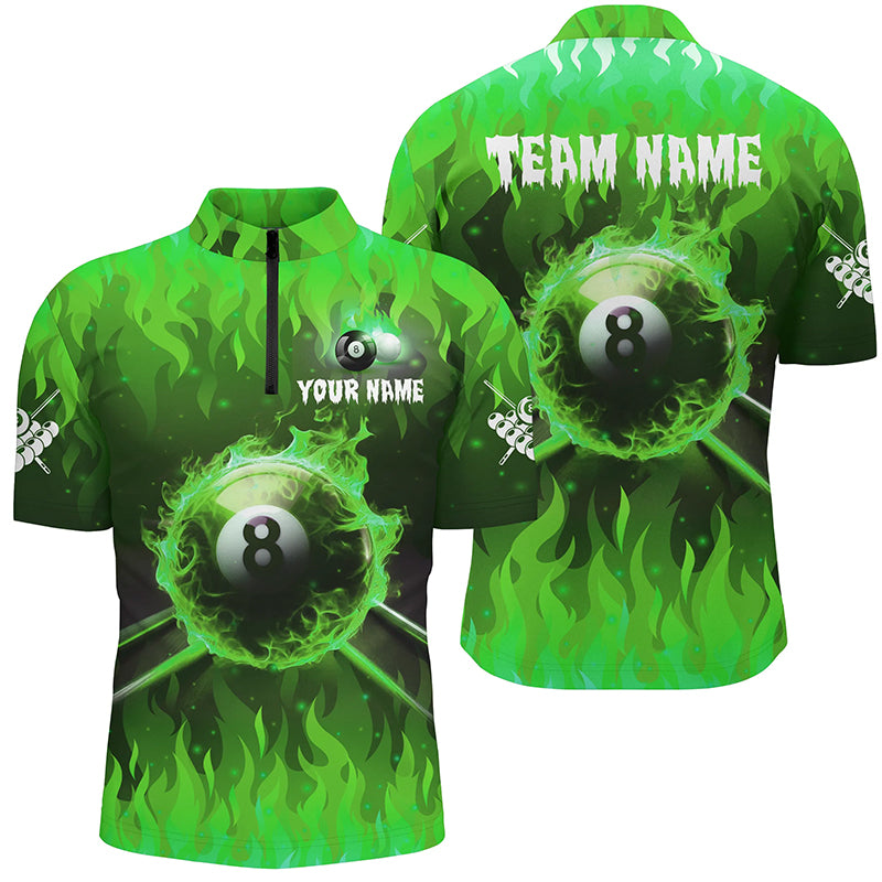 Personalized Green 3D 8 Ball Pool &  Fire Men Quarter-Zip Shirt Custom Billiard Apparel TDM1435