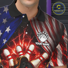 Load image into Gallery viewer, Glowing American Flag Funny Bowling Shirt For Men Custom Patriotic Bowling Jersey Polo &amp; 1/4 Zip TDM6319