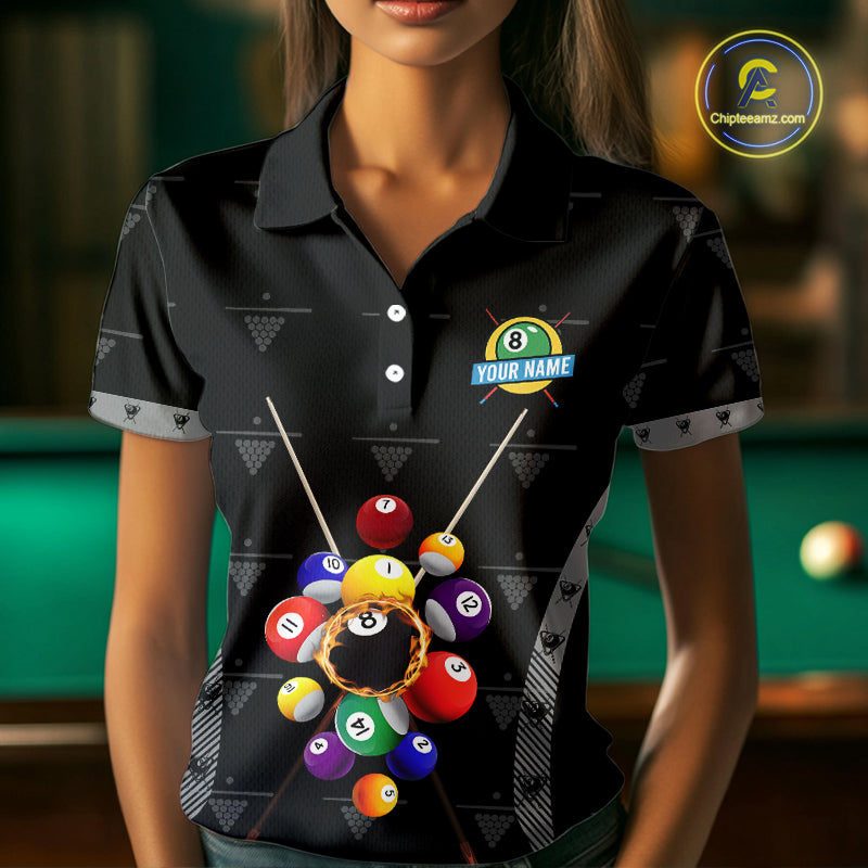 Custom Black Billiard Jerseys Polo & Quarter Zip For Women, 8 Ball Pool Billiard Team Shirts TDM3979