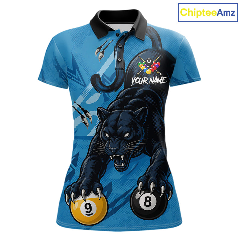 Custom Blue 8 Ball & 9 Ball Panther Billiard Shirt For Women, Billiard Team Jersey Polo & 1/4 Zip TDM6494