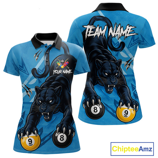 Custom Blue 8 Ball & 9 Ball Panther Billiard Shirt For Women, Billiard Team Jersey Polo & 1/4 Zip TDM6494