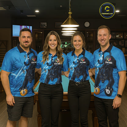 Custom Blue 8 Ball & 9 Ball Panther Billiard Shirt For Women, Billiard Team Jersey Polo & 1/4 Zip TDM6494