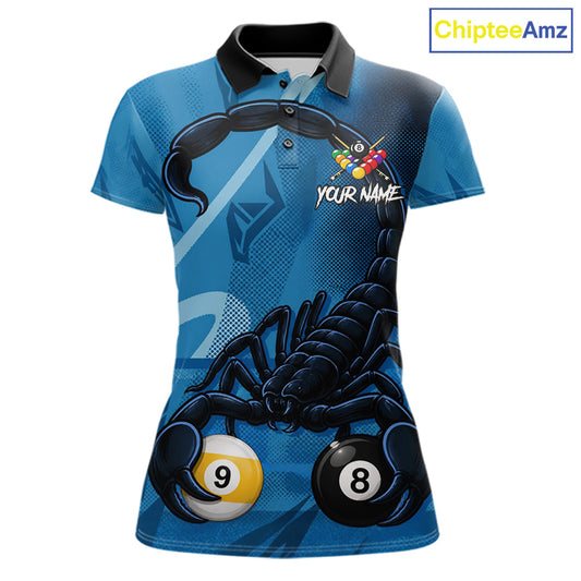 Custom Blue 8 Ball & 9 Ball Scorpion Billiard Shirt For Women, Billiard Team Jersey Polo & 1/4 Zip TDM6495
