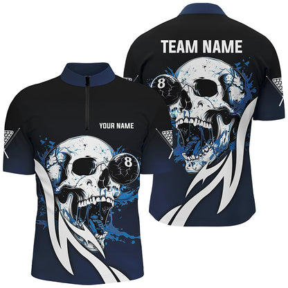 Funny Blue Billiard Skull 8 Ball Pool Custom Men Polo & Quarter-Zip Shirts, Billiard Team Jerseys TDM1805