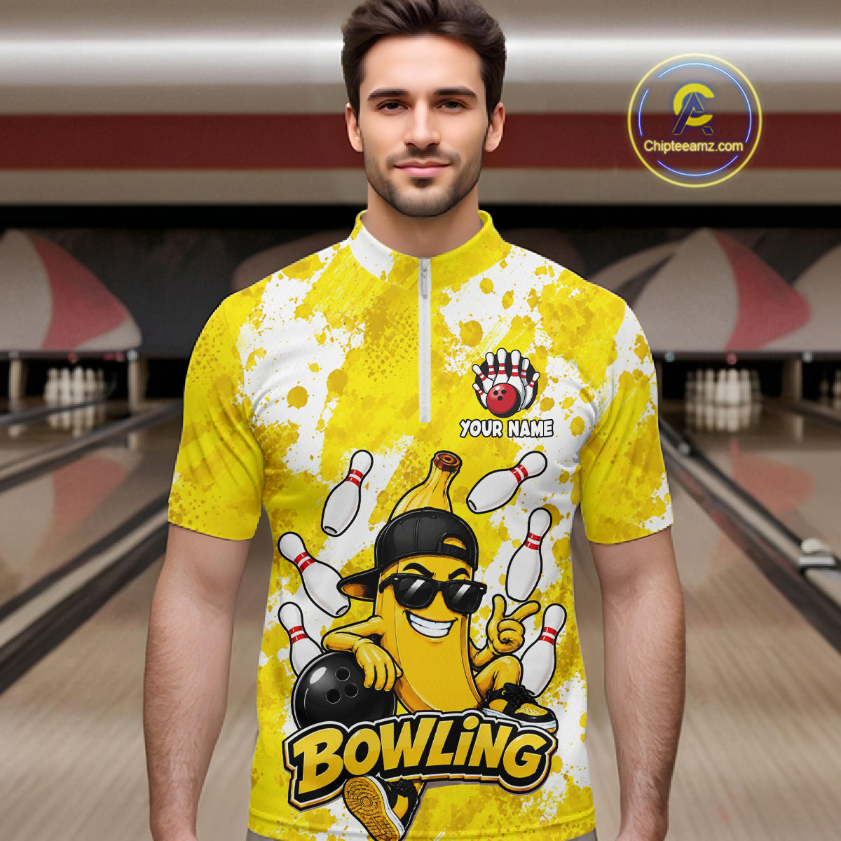 Man wearing a funny yellow banana bowling quarter zip jersey during league competition front view.