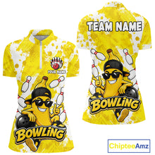 Load image into Gallery viewer, Funny yellow banana bowling quarter zip shirt for women designed for league tournaments and team events.
