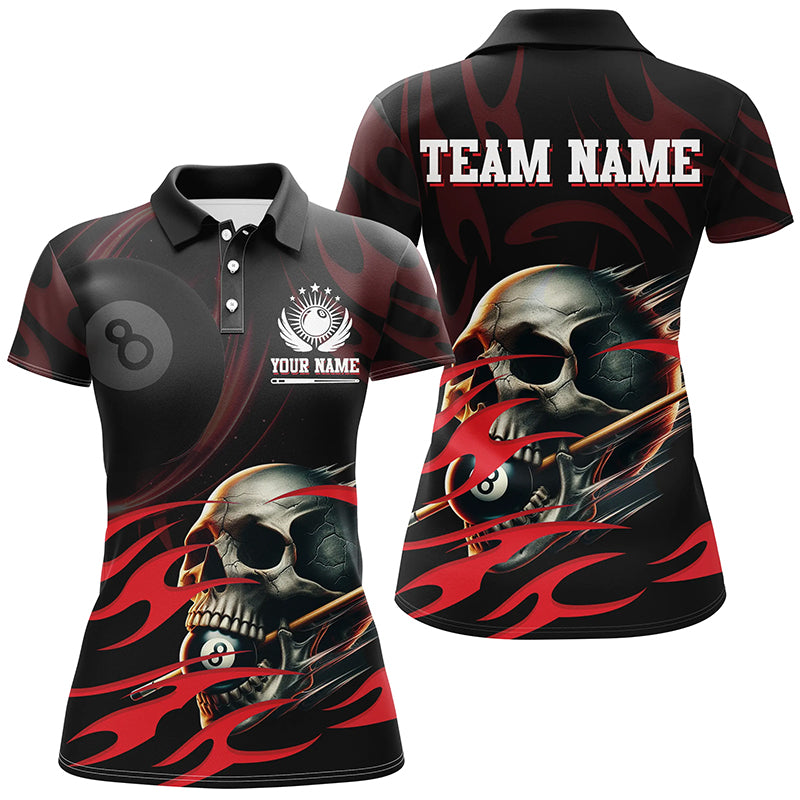 Funny Skull 8 Ball Pool Custom Women Billiard Polo & Quarter-Zip Shirts, Billiard 8 Ball Jerseys |Red TDM2007
