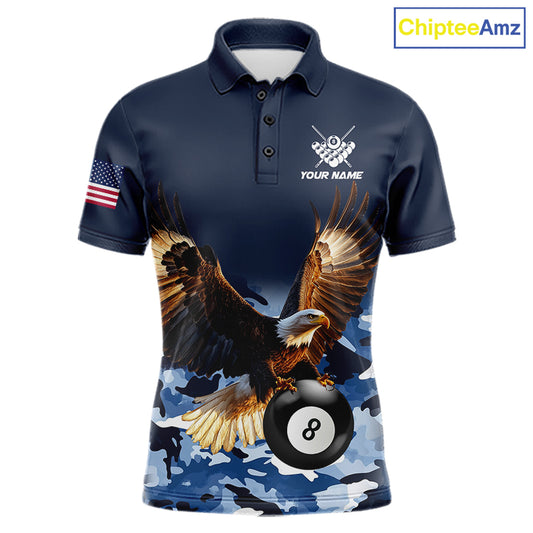 Blue camo eagle 8 ball billiard pool team jersey polo shirt for men featuring blue camouflage artwork with a detailed eagle design, premium custom billiard league apparel for tournaments and league competition.