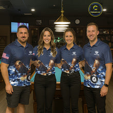 Load image into Gallery viewer, Billiard team wearing matching blue camo eagle 8 ball pool team jerseys featuring camouflage eagle graphics, front view.