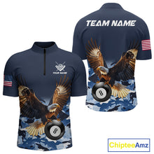 Load image into Gallery viewer, Blue camo eagle 8 ball billiard pool team jersey quarter zip shirt for men featuring premium blue camouflage eagle artwork for competitive billiard players.