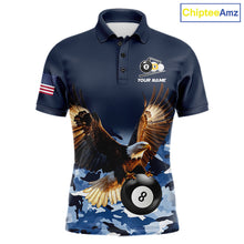 Load image into Gallery viewer, Blue camo eagle 8 ball and 9 ball pool billiard team jersey polo shirt for men featuring blue camouflage artwork with a powerful eagle, premium custom pool league apparel for tournaments and team competition.