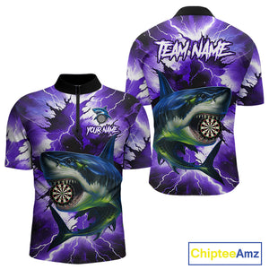 Thunder Lightning Storm Shark Darts Shirt For Men Custom Purple Darts Team Jersey Polo & 1/4 Zip TDM4570
