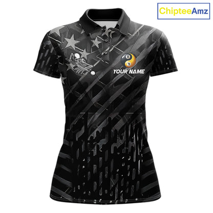 Black US Flag Skull Yinyang Billiard Shirts For Women Custom 8 Ball & 9 Ball Pool Team Jersey TDM7226