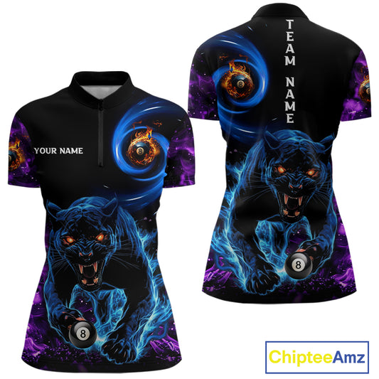 Personalized Blue Purple  Flaming 3D Panther Billiard Shirts For Women, Cool Team Billiard Jerseys TDM5196