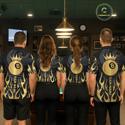 Custom Crown 8 Ball Billiard Shirt For Men, Black And Gold Pool Team Jersey Polo & Quarter Zip TDM5457