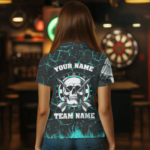 Personalized Turquoise Fiery Crack Skull Dart Shirts Custom Scary Dart Shirts For Women Dart Jerseys TDM3416