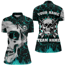 Load image into Gallery viewer, Personalized Turquoise Fiery Crack Skull Dart Shirts Custom Scary Dart Shirts For Women Dart Jerseys TDM3416