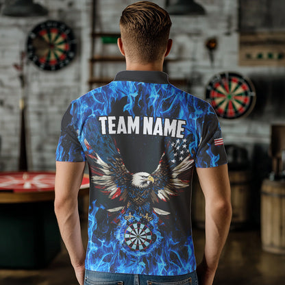 Blue Flaming American Flag Eagle Custom 3D Dart Shirts For Men, Patriotic Darts Team Jersey TDM3556