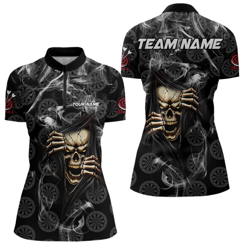 Personalized Skull Dartboard Smoke Pattern Black Dart Shirts For Women Dart Jerseys Polo & 1/4 Zip TDM3720