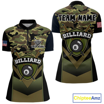 Personalized Green Camo 8 Ball Pool Billiard Shirt For Women, Billiard Team Jersey Polo & 1/4 Zip TDM6076