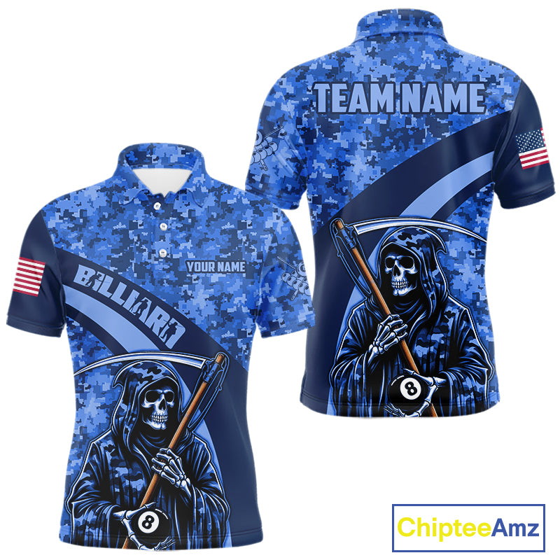 Personalized Death Skeleton Blue Camo Billiard Shirts For Men Custom Military Billiard Jerseys TDM3985