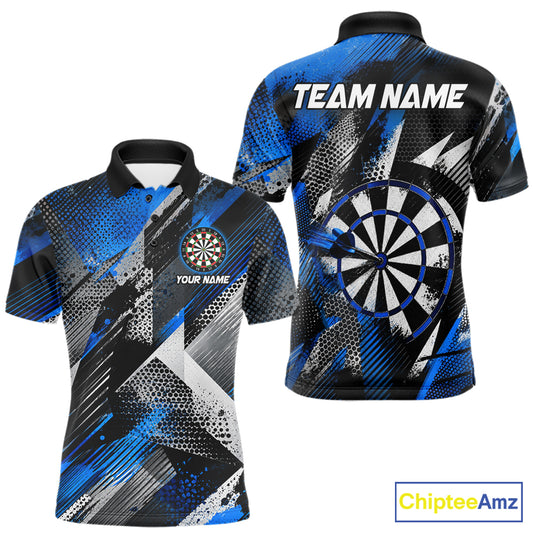 Personalized Blue Geometric Grunge Darts Shirt For Men Custom Darts Team Jersey Polo & 1/4 Zip TDM6507