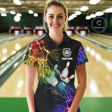 Load image into Gallery viewer, Woman wearing colorful rainbow thunder lightning bowling team jersey polo shirt featuring vibrant lightning artwork, front view.
