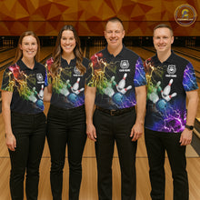 Load image into Gallery viewer, Bowling team wearing matching colorful rainbow thunder lightning bowling team jerseys featuring vivid lightning graphics, front view.