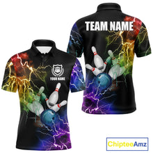 Load image into Gallery viewer, Colorful rainbow thunder lightning bowling team jersey polo shirt for men featuring vibrant multicolor lightning artwork, premium custom bowling league apparel for tournaments, league play and competitive bowling teams.