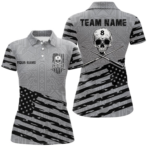 Personalized Grey US Flag Skull Billiard Shirts For Women Custom Patriotic Billiard Pool Jerseys TDM2220