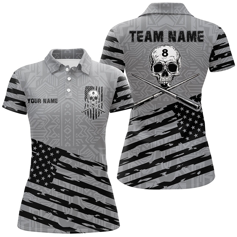Personalized Grey US Flag Skull Billiard Shirts For Women Custom Patriotic Billiard Pool Jerseys TDM2220