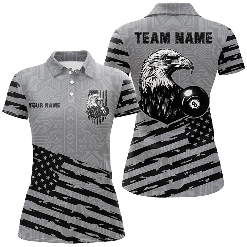 Personalized Grey US Flag Eagle Billiard Shirts For Women Custom Patriotic Billiard Pool Jerseys TDM2221