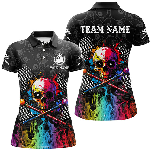 Personalized Colorful Skull Fire Billiard Shirts For Women Custom 8 Ball Pattern Billiard Jerseys TDM2228
