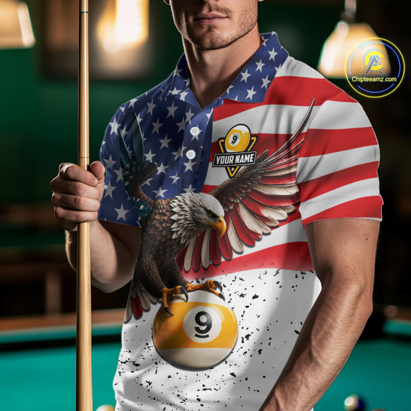 White Grunge American Flag Eagle 9 Ball Billiard Shirts For Men Custom Patriotic Pool Team Jersey TDM7244