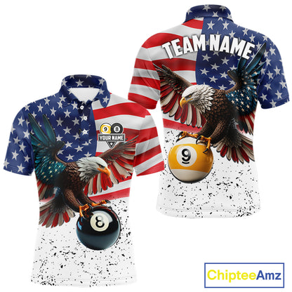 Custom Grunge American Flag Eagle 8 Ball 9 Ball Billiard Shirts For Men, Patriotic Pool Team Jersey TDM7245
