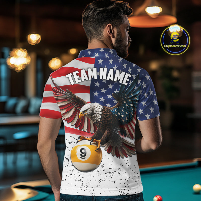 Custom Grunge American Flag Eagle 8 Ball 9 Ball Billiard Shirts For Men, Patriotic Pool Team Jersey TDM7245