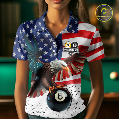 Custom Grunge American Flag Eagle 8 Ball 9 Ball Billiard Shirts For Women, Patriotic Pool Team Jersey TDM7245