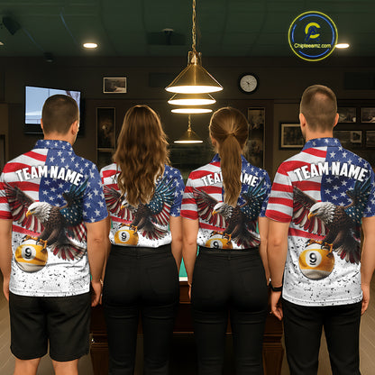 Custom Grunge American Flag Eagle 8 Ball 9 Ball Billiard Shirts For Men, Patriotic Pool Team Jersey TDM7245