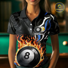 Load image into Gallery viewer, Personalized 8 Ball &amp; 9 Ball Fire Flame Women Billiard Shirt, Billiard Jersey For Team Pooler |Blue TDM5209
