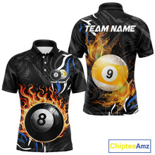 Load image into Gallery viewer, Personalized 8 Ball &amp; 9 Ball Fire Flame Men Billiard Shirt, Billiard Jersey For Team Pooler |Blue TDM5209