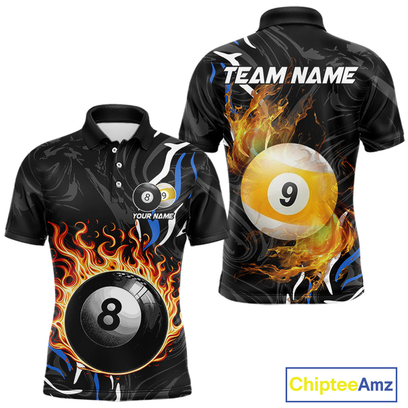 Personalized 8 Ball & 9 Ball Fire Flame Men Billiard Shirt, Billiard Jersey For Team Pooler |Blue TDM5209