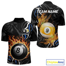 Load image into Gallery viewer, Personalized 8 Ball &amp; 9 Ball Fire Flame Men Billiard Shirt, Billiard Jersey For Team Pooler |Blue TDM5209