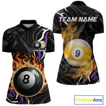 Load image into Gallery viewer, Personalized 8 Ball &amp; 9 Ball Fire Flame Women Billiard Shirt, Billiard Jersey For Team Pooler|Purple TDM5210