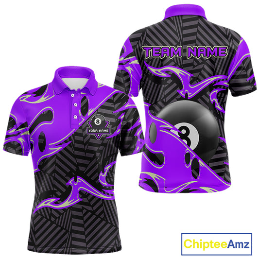 Custom Black Purple 8 Ball Tribal Flame Billiard Shirt For Men, Pool Team Jersey Polo & 1/4 Zip TDM5723