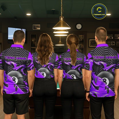 Custom Black Purple 8 Ball Tribal Flame Billiard Shirt For Women, Pool Team Jersey Polo & 1/4 Zip TDM5723