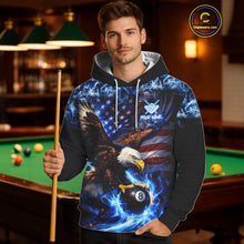 Load image into Gallery viewer, Blue Flaming Eagle 8 Ball Pool Hoodie For Men And Women Custom American Flag Billiard Hoodie TDM5727