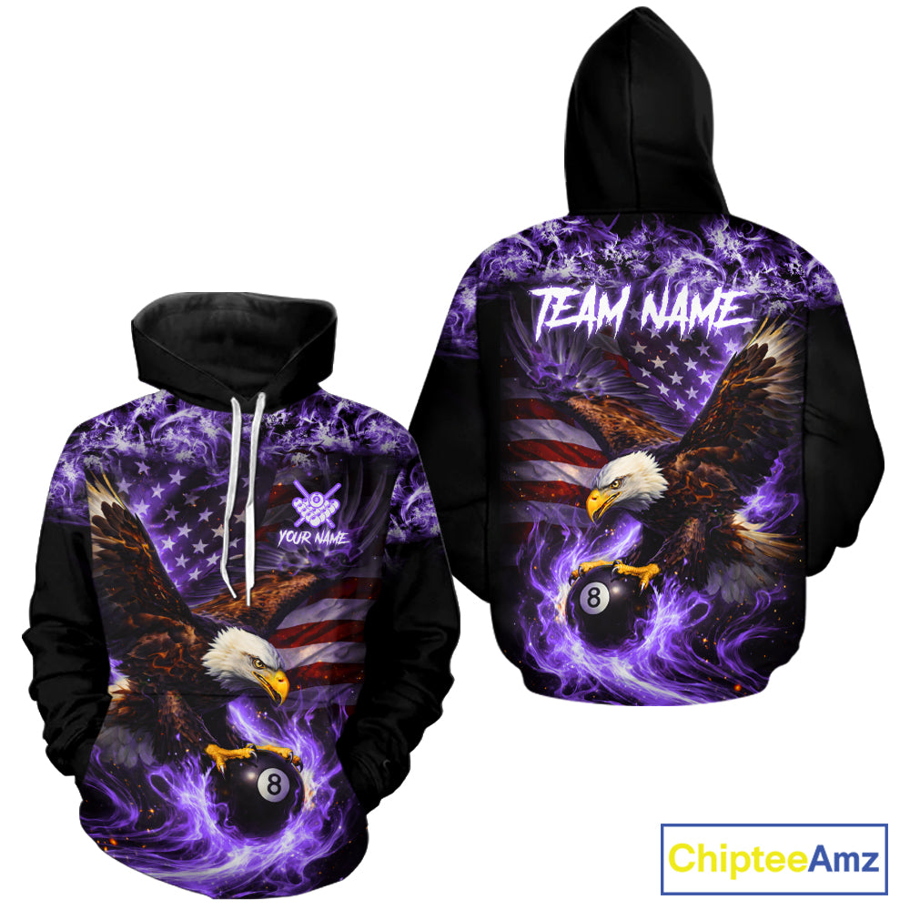 Purple Flaming Eagle 8 Ball Pool Hoodie For Men And Women Custom American Flag Billiard Hoodie TDM5728